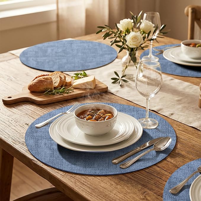 15 inch Faux Leather Round Placemats Set of 4 Non-Slip Washable Wipeable Table Mats, Heat Resistant Waterproof Oilproof Place Mats for Kitchen, Dining, Party, Indoor, Outdoor Blue