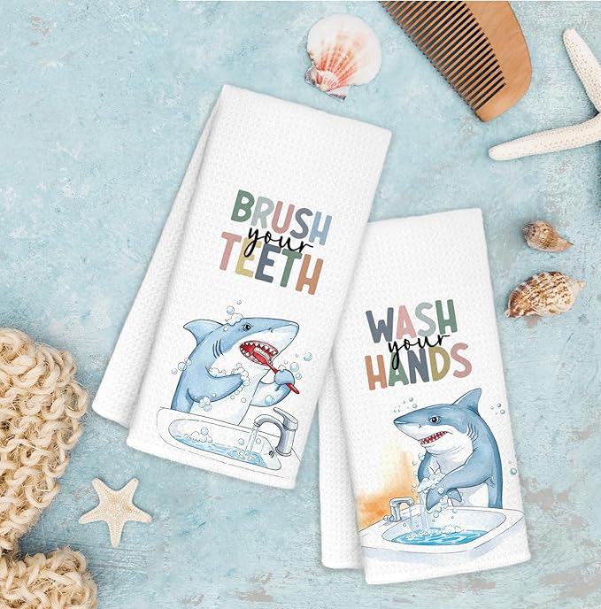 Shark Bathroom Hand Towels, Shark Bathroom Decor, Sharks Lover Gifts Decorative Hand Towels for Kids Bathrooms, Funny Coastal Beach Kitchen Towels, 16x24 Inch Set of 2