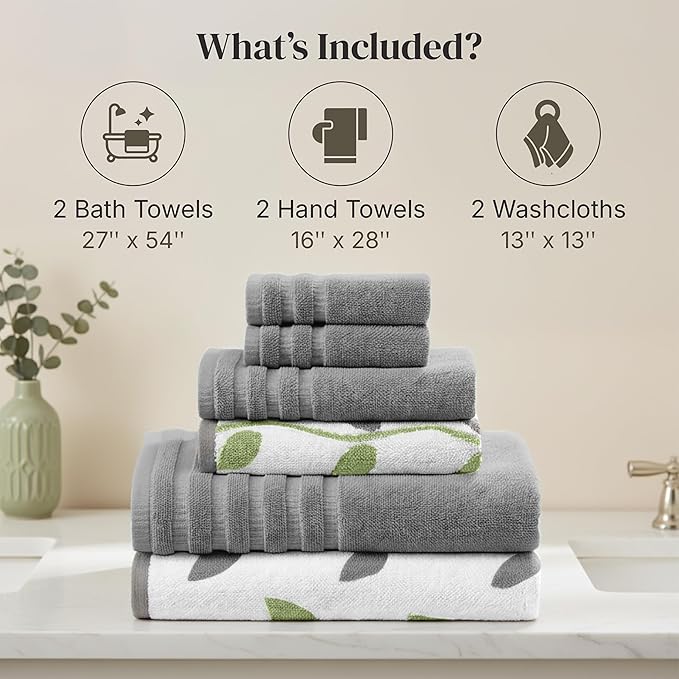 Modern Threads Organic Vines 6-Piece 100% Cotton Towel Set – Yarn Dyed Jacquard & Solid – Includes 2 Bath Towels, 2 Hand Towels, 2 Washcloths – Absorbent, Quick Dry, Soft & Durable – Gray