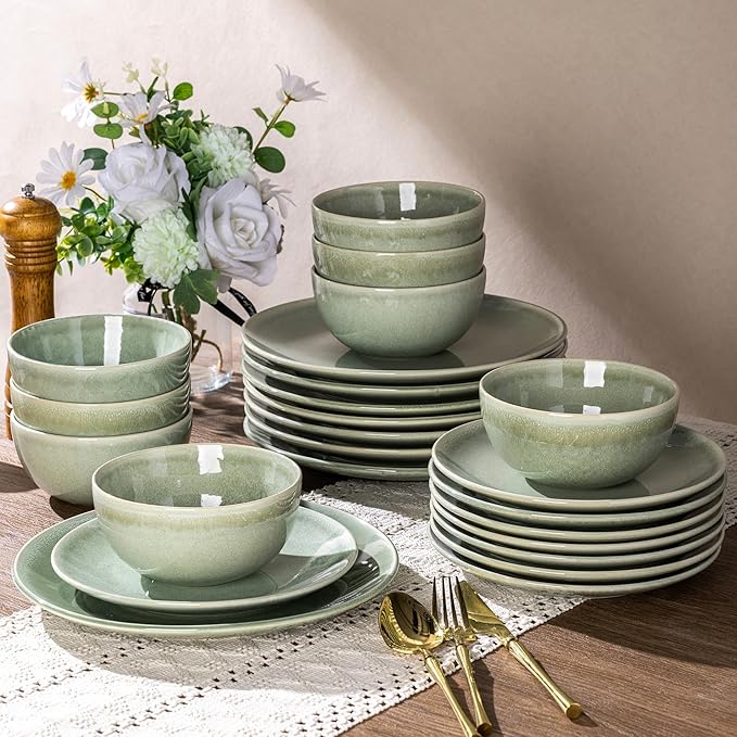 AmorArc Ceramic Dinnerware Sets for 8, 24 Pieces Handpainted Plates and Bowls Set, Scratch Resistant Stoneware Dishes Set, Dishwasher & Microwave Safe, Olive Green