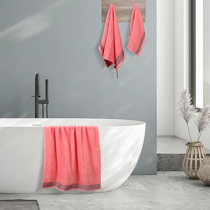 Belizzi Home Ultra Soft 3 Pack Cotton Towel Set, Contains a Bath Towel 28x55 inch, a Hand Towel 16x24 inch & a Wash Coth 12x12 inch, Ideal Everyday use, Compact & Lightweight -Coral Orange