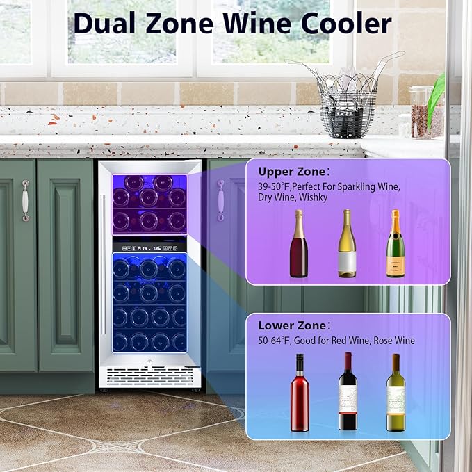 15″ Undercounter Dual Zone Wine Cellar Mini Fridge, 28 Bottle Wine Cooler with Lock, Built In, Freestanding, 41-68℉ Temperature Range, LED Control, Stainless Steel Frame, Adjustable Steel Shelves