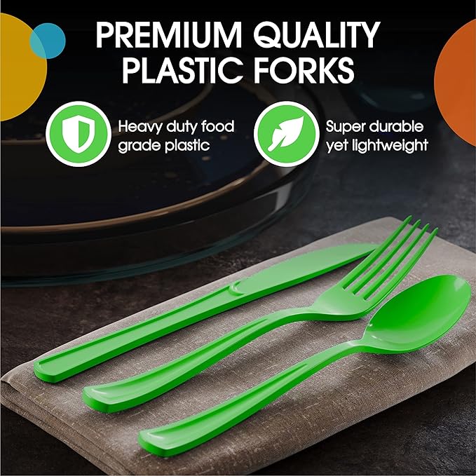 Party Solids Plastic Spoons - 200 Pcs Heavy Duty Lime Green Disposable Cutlery