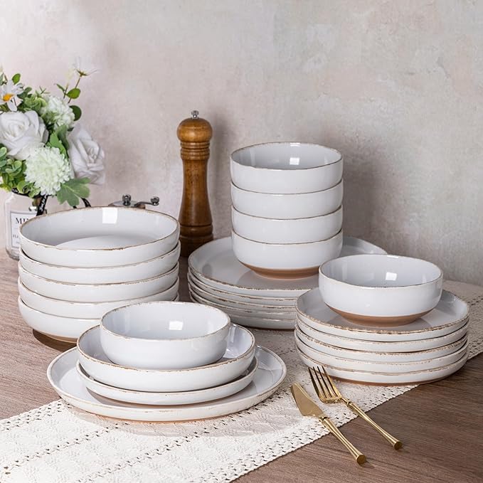 AmorArc 24 Pieces Ceramic Dinnerware Sets for 8, Handpainted Stoneware Plates and Bowls Set with Rustic Terracotta Underside, Scratch Resistant Dishes Set, Dishwasher & Microwave Safe, White
