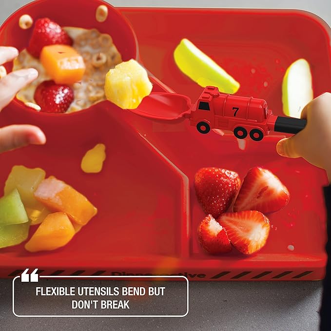 Dinneractive Utensil Set for Kids – Red Firefighter Themed Fork and Spoon for Toddlers and Young Children – 2-Piece Set