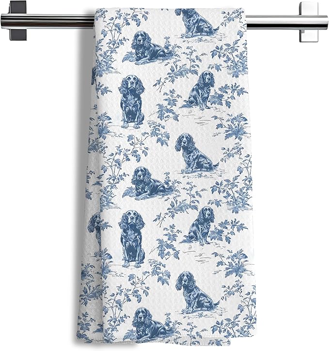 Nipi Chinoiserie Cavalier King Charles Spaniel Kitchen Towels, Grandmillennial Dog Hand Towels for Kitchen Bathroom, Blue and White Floral Cavalier Spaniel Decorative Dish Tea Towels, 16x24 Inch