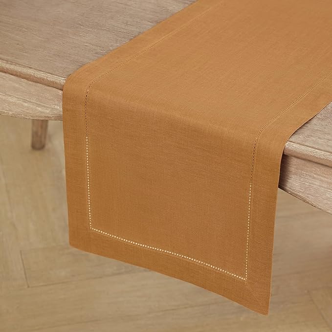 Solino Home Linen Table Runner 60 Inches - 100% Pure Linen Brown Sugar Hemstitch Table Runner 14 x 60 Inch Ideal for Dresser and Coffee Tables - New Year - Classic Hemstitch