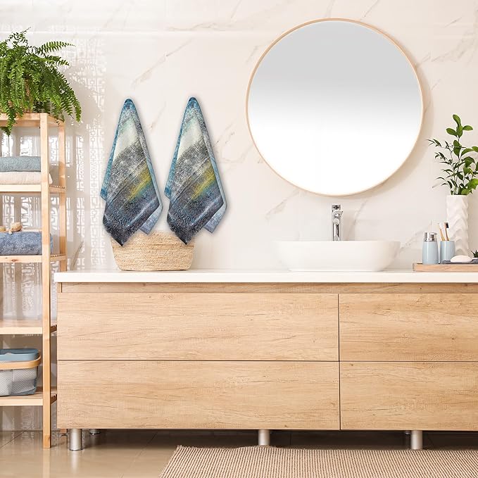 Hand Towel Set of 2,Teal and Yellow Abstract Art Painting Decorative Bathroom Towels Soft Face Washcloths Fingertip Towels for Kitchen Gym Hotel Spa 28 x 14 Inch