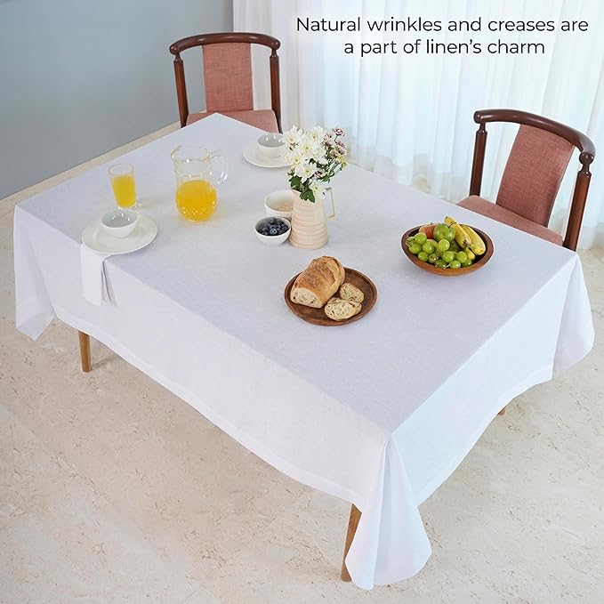 D'Moksha Homes White Linen Tablecloth 60 x 120 Inch - 100% Pure Linen Tablecloth for Rectangle Tables - Machine Washable Table Cloth for Winter, Holiday, New Year