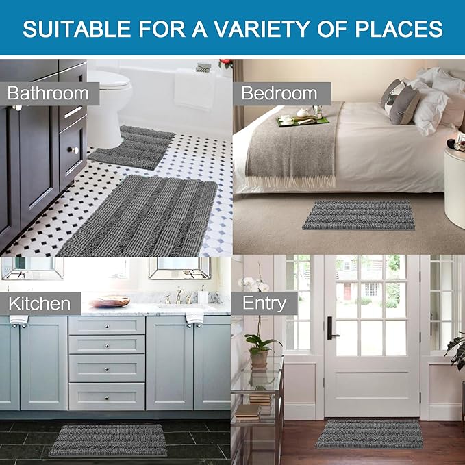 H.VERSAILTEX Bathroom Rugs Bath Rug Set 2 Piece Bathroom Contour Rug Toilet Mat Sets Non Slip Contour Bath Rug Ultra Thick Water Absorbent Striped Bath Mats Washable(47" x 17" Plus 20" x 20" U, Grey)