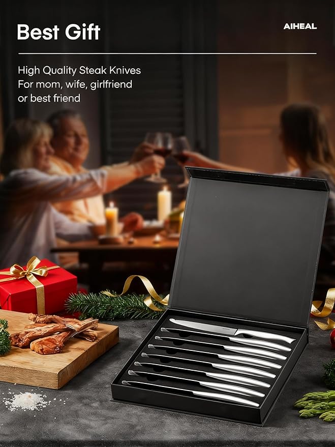 Aiheal Steak Knives, Stainless Steel Steak Knives Set of 8, Never Needs Sharpening Dinner Steak Knife Set, Sharp Micro Serrated Knives