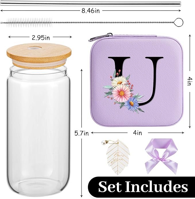AYGXU Travel Gifts for Women Girls,Small Jewelry Organizer Box,Bridesmaid Proposal Gifts,glass cup with bamboo lid and straw,aesthetic cups,coffee cups,Graduation Gifts for Her Initial U purple