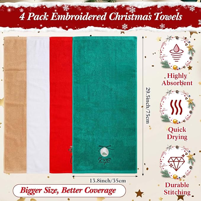 4 Pack Christmas Towels Cotton Embroidered Holiday Hand Towels Gifts 29.5'' x 13.8'' Soft Absorbent Festive Kitchen Dish Cloths Bathroom Decorative Xmas Guest Housewarming Party Supplies