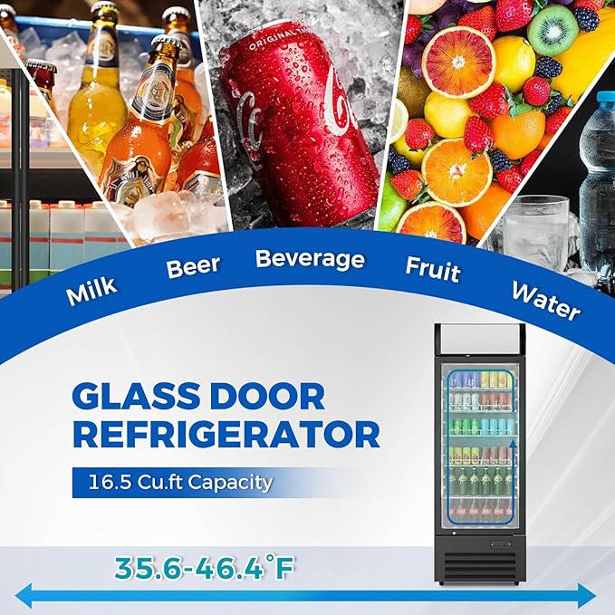 16.5 cu.ft Commercial Refrigerators with 1 Glass Door, Beverage Fridge with LED Light Display Upright Merchandiser, Drink Cooler with 5 Adjustable Shelves Black ETL Approved