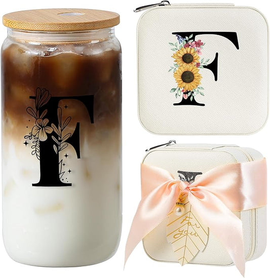 AYGXU Bridesmaid proposal gifts,Travel Initial Jewelry Box for Girls,Travel Jewelry Case,Initial Glass Cup,Cute Tumbler Cup,Small Jewelry Organizer for Teen Girls Gifts,Initial F white