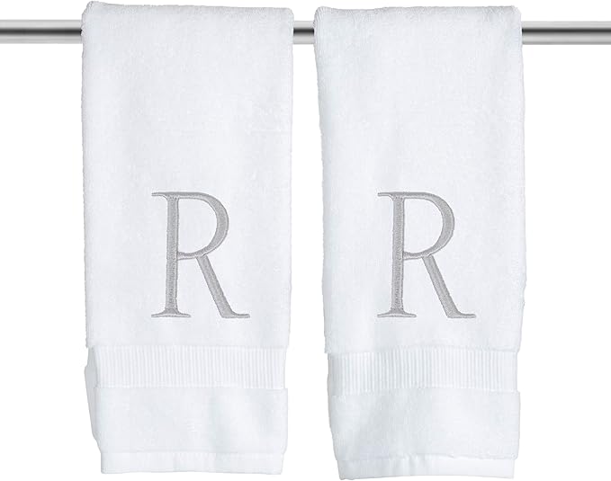 Monogrammed Hand Towels for Bathroom - Luxury Hotel Quality Personalized Initial Decorative Embroidered Bath Towel for Powder Room, Spa - GOTS Organic Certified - Set of 2 Letter R