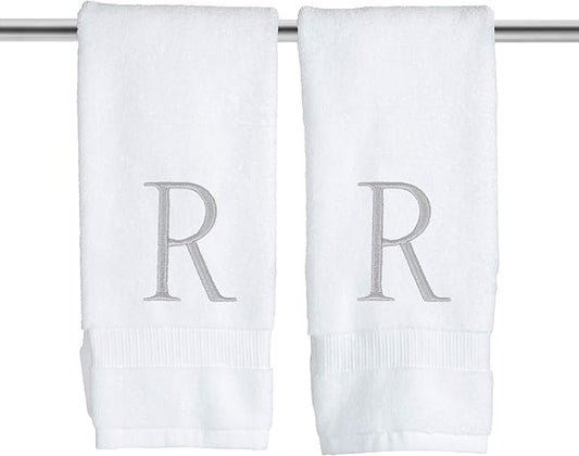 Monogrammed Hand Towels for Bathroom - Luxury Hotel Quality Personalized Initial Decorative Embroidered Bath Towel for Powder Room, Spa - GOTS Organic Certified - Set of 2 Letter R