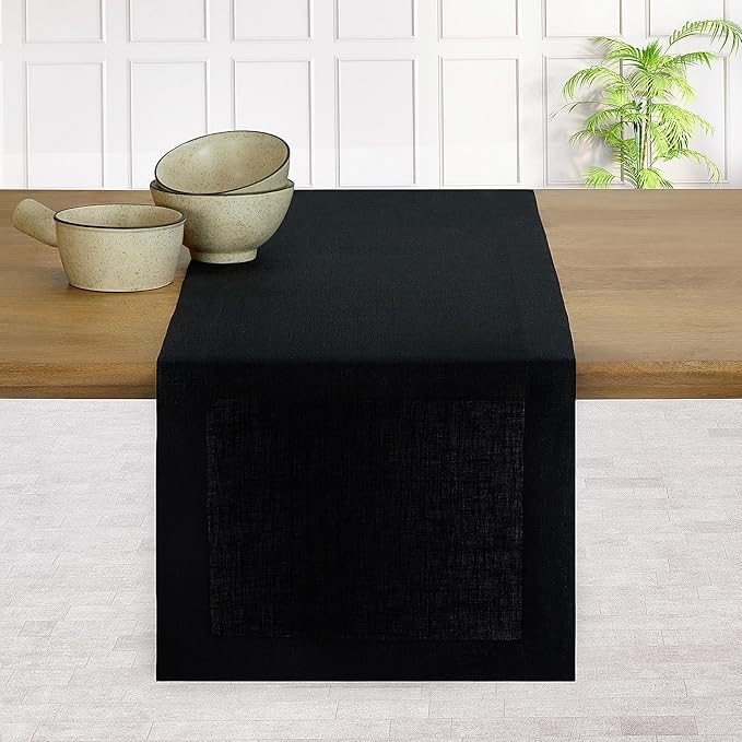 D'Moksha Homes Linen Black Table Runner 108 Inches Long - 100% Pure Linen Dining Table Runner 14 x 108 Inch for Winter, Holiday, New Year - Machine Washable