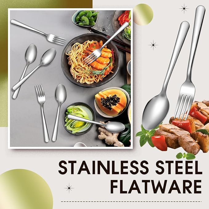 BBTO 200 Pcs Forks and Spoons Silverware Set Bulk Stainless Steel Flatware Cutlery Set 6.7'' Kitchen Utensils for Home Restaurant 50 Dinner Fork, 50 Teaspoon, Mirror Polished, Dishwasher Safe