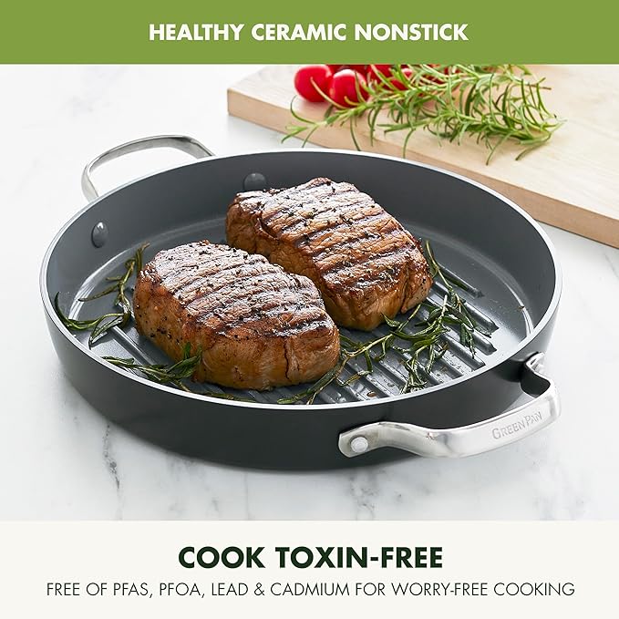 GreenPan Valencia Pro Hard Anodized Healthy Ceramic Nonstick 11" Grill Pan, PFAS-Free, Induction, Dishwasher Safe, Oven Safe, Gray