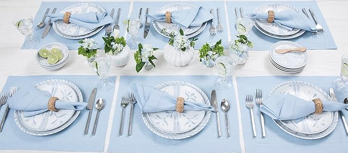 Solino Home Linen Placemats Set of 4 - Classic Hemstitch Sky Blue Placemats 14 x 19 Inch - 100% Pure Linen Table Mats for Holiday, New Year