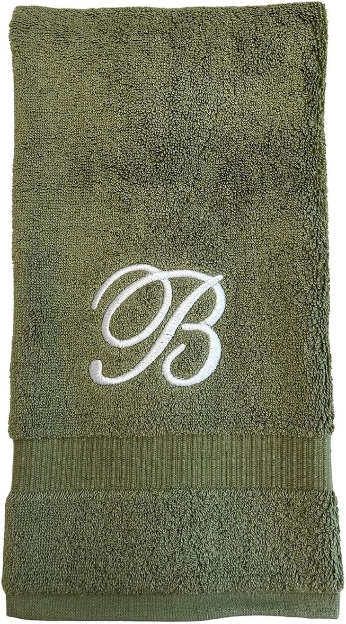 Sage Monogrammed Hand Towels for Bathroom - Luxury Hotel Quality Personalized Initial Embroidered Towel for Powder Room, Spa - GOTS Organic Certified - Set of 2 White Letter M
