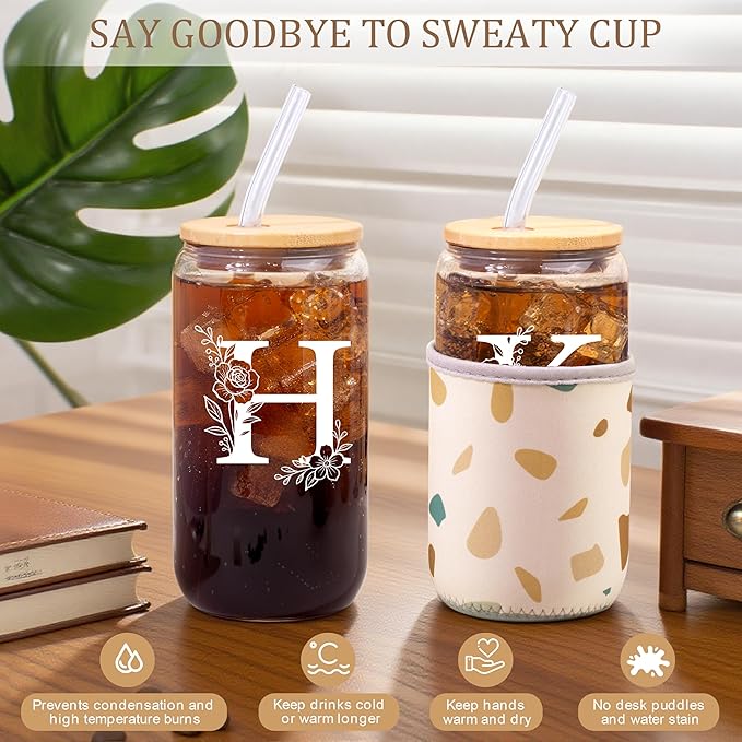 Personalized Gifts for Women, Monogrammed Gifts for Women, Initial 16 oz Glass Cups With Lids and Straws, Customized Mug, Personalized Birthday Gifts Christmas Gifts for Her Mom Friend Woman, H
