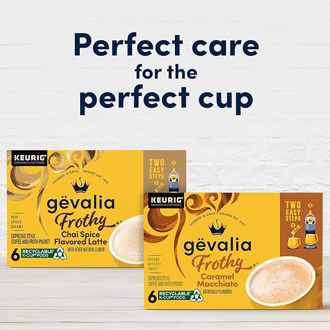 Gevalia Frothy 2-Step Artificially Flavored Caramel Macchiato Espresso Style K-Cup Coffee Pods & Froth Packets Kit, 6 ct Box