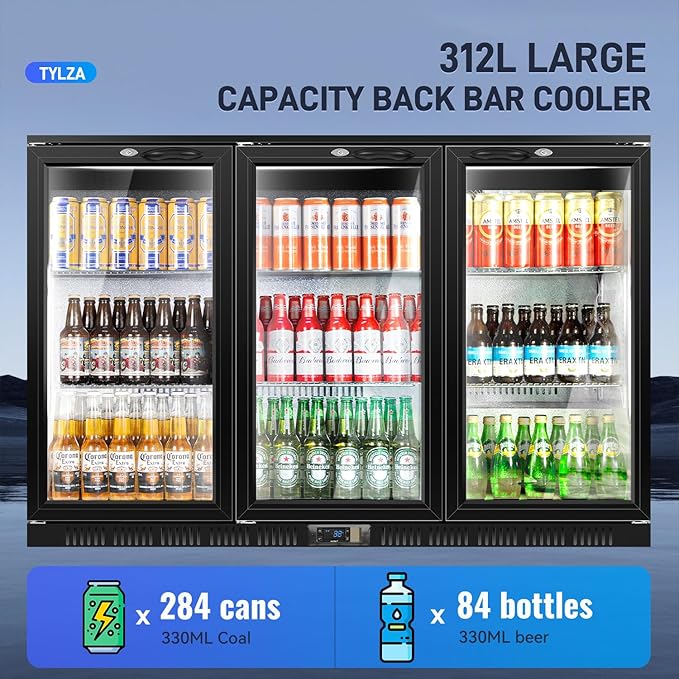 Tylza Back Bar Cooler With 3 Glass Doors, 312L Under Counter Back Bar Refrigerator with LED Lighting, Safety Locks, Counter Height Bar Beverage Cooler for Beer, Soda Drinks, Wine, Black