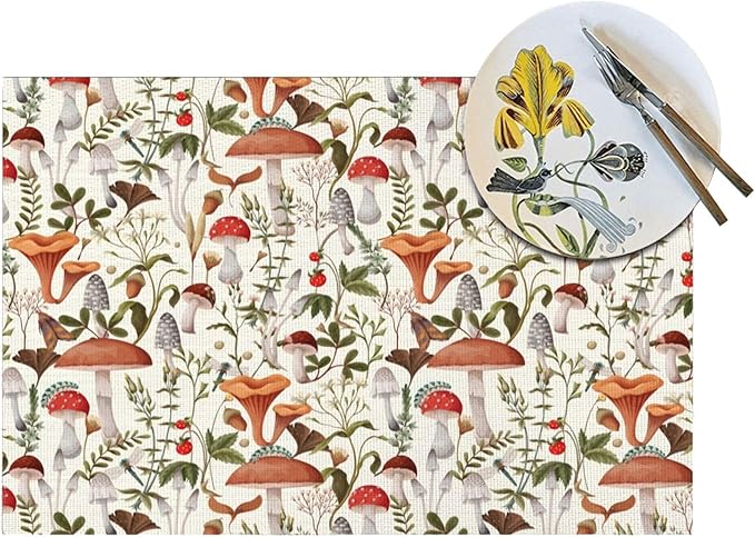 Boho Mushroom Decor Placemats Set of 4, Botanic Plant Beige Table Mats Heat Resistant Washable Placemat for Kitchen Dining Table Cute Placemats Linen 12x18 Inch