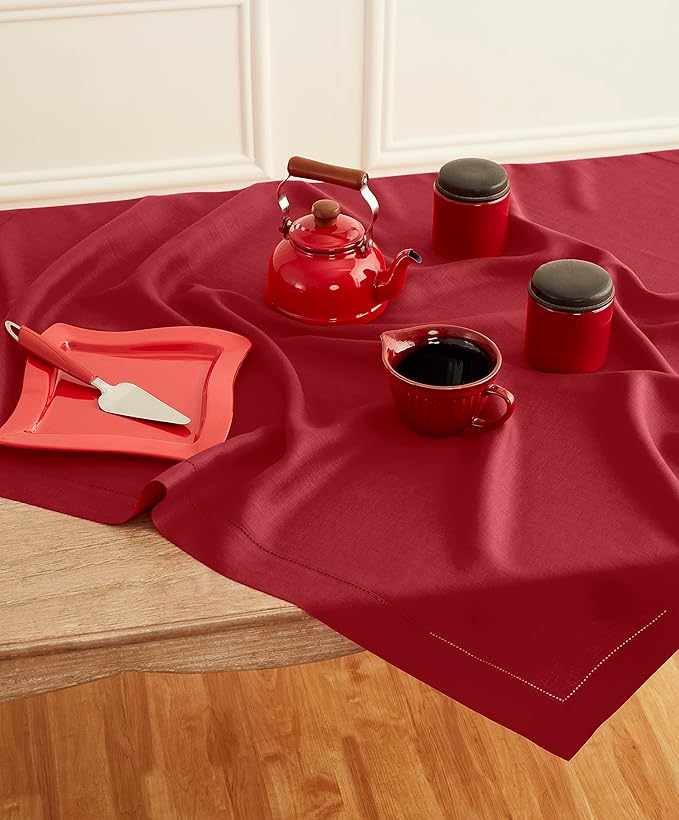 Solino Home Red Linen Tablecloth 52 x 52 Inch - 100% Pure Linen Square Table Throw - Classic Hemstitch, Machine Washable Table Cloth for Valentines, New Year
