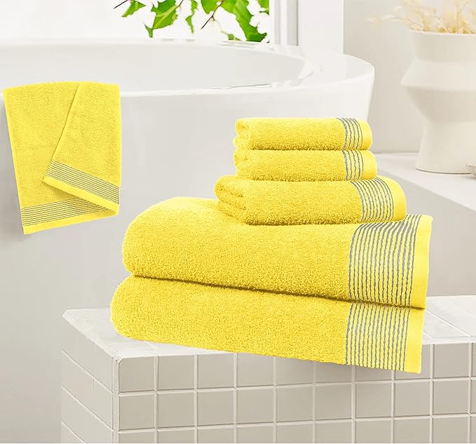 Belizzi Home 100% Cotton Ultra Soft 6 Pack Towel Set, Contains 2 Bath Towels 28x55 inchs, 2 Hand Towels 16x24 inchs & 2 Washcloths 12x12 inchs, Compact Lightweight & Highly Absorbant - Yellow