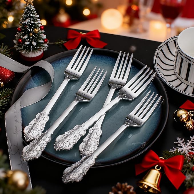 WDF 100 Piece Silver Forks Disposable - 7.48 Inch Silver Plastic Forks - Baroque Silverware for Dessert Cake - Heavy Duty Plastic Fork for Christmas Party, Wedding or Daily Using