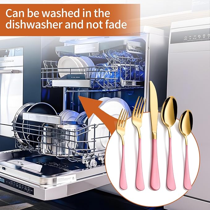 20 Piece Gold and Pink 18/0 Flatware Utensil Set for 4, Include Dinner Knife,Dinner Forks,Dinner Spoons,Salad Forks,Teaspoons,Silverware Set for 4, Dishwasher Safe