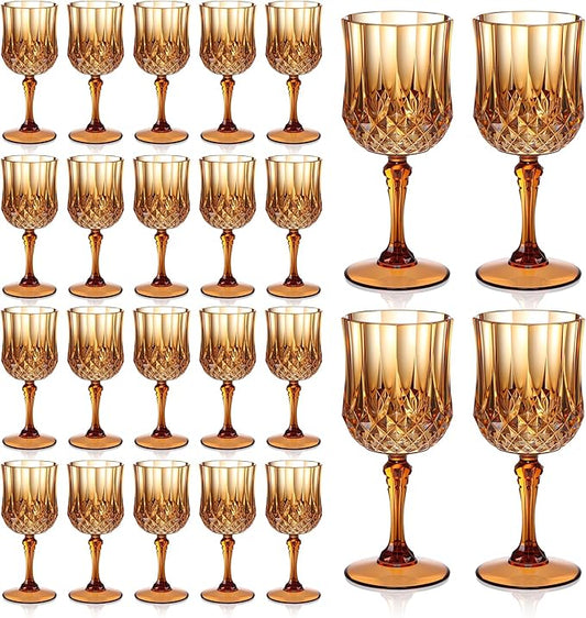 XUWAIDSGN 7oz Plastic Vintage Wine Glasses Drinking Glasses Unbreakable Wedding Glassware Crystal Water Goblets Reusable Drinkware Vintage Champagne Flutes (24, Brown)