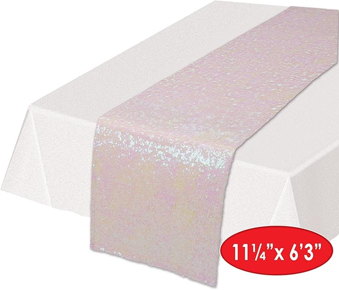 Beistle Rectangluar Shiny Sequined Table Runner For Party Event Birthday Wedding Baby Shower Holiday Celebration Decorations, 11.25" x 75", Opalescent