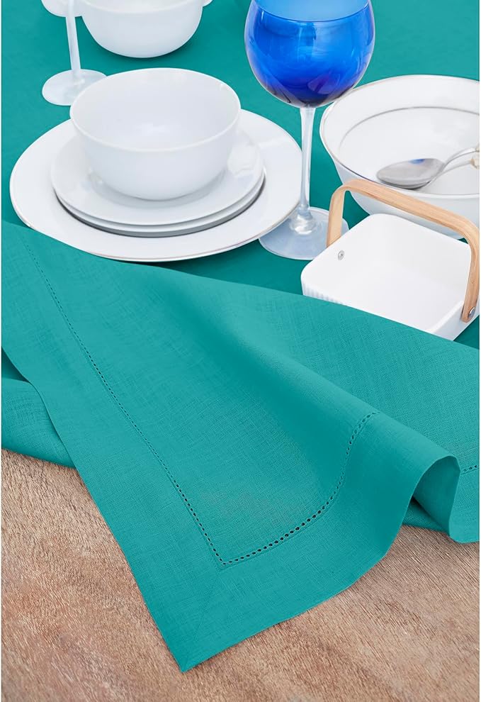 Solino Home Linen Tablecloth 60 x 132 Inch - Classic Hemstitch 100% Pure Linen Teal Table Cloth for Rectangle Tables - Machine Washable Tablecloth