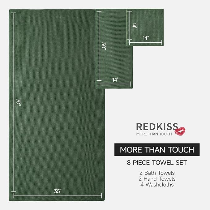 REDKISS Premium Towel Set of 8 - Ultra Soft Microfiber, Contains 2 Large Bath 35x70, 2 Hand 14x30, 4 Washcloths 14x14, Highly Absorbent, Quick Dry, Ideal for Everyday use, Hotel & Spa, Olive Green