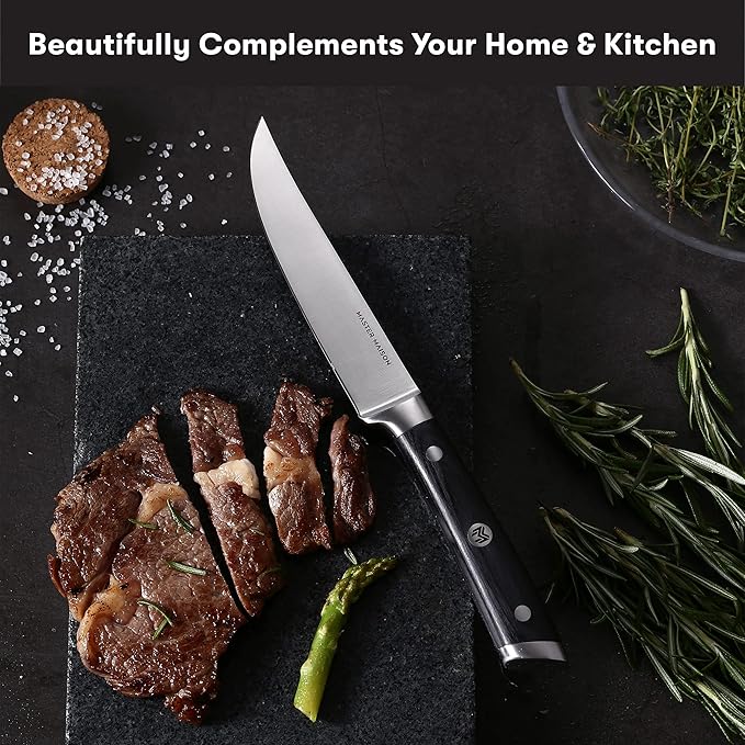 Master Maison 8-Piece 5" Ultra Premium Steak Knife Set | 8 German Non-Serrated Stainless Steel Kitchen Steak Knives + Storage Gift Box | Anti-Fatigue Ergonomic Full-Tang Triple-Riveted Handle (Black)