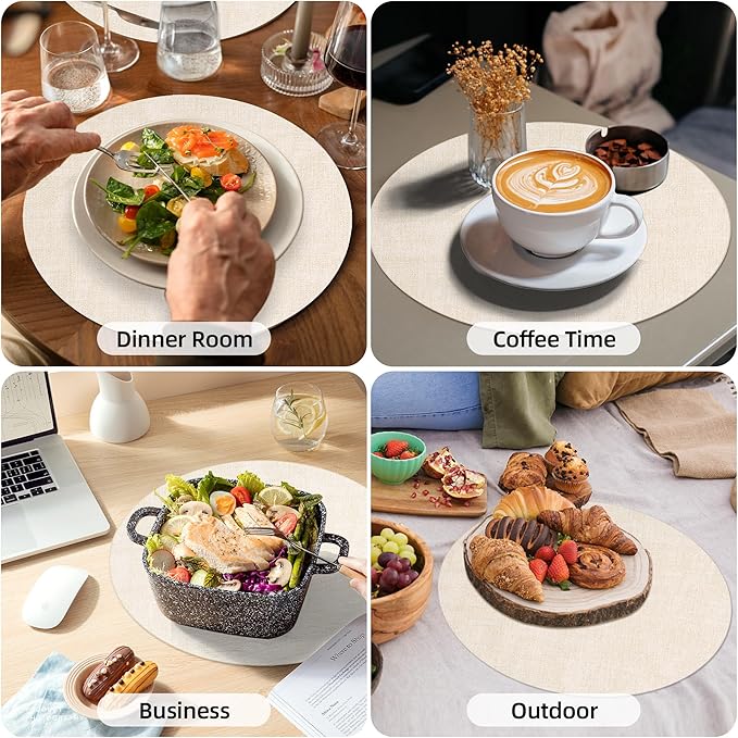 15 inch Faux Leather Round Placemats Set of 4 Non-Slip Washable Wipeable Table Mats, Heat Resistant Waterproof Oilproof Place Mats for Kitchen, Dining, Party, Indoor, Outdoor Beige