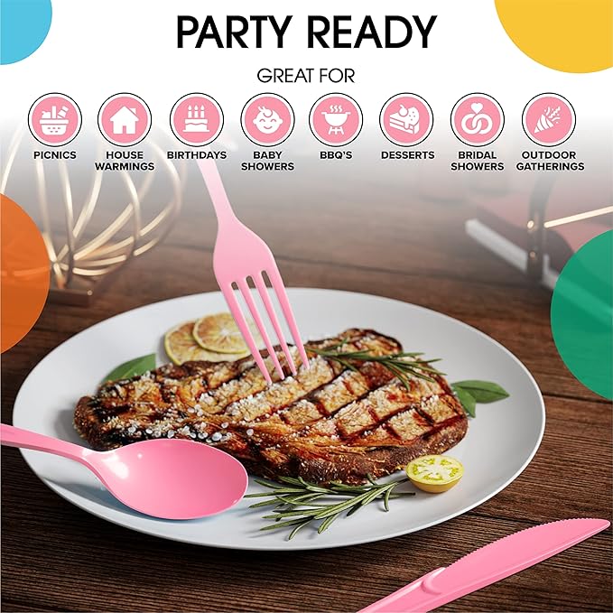 Party Solids Pink Plastic Forks 200 Pieces Pink Forks Disposable Utensils Heavy Duty Plastic Cutlery Set Disposable Cutlery Sets Flatware Sets Silverware Set Party Supplies & Party Tableware