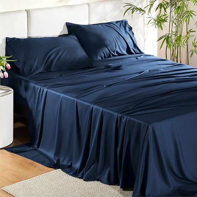 Bedsure King Size Sheets Set, Cooling Sheets for Hot Sleepers, Rayon Derived from Bamboo, Breathable & Soft, Deep Pocket Up to 16 Inches, Hotel Luxury Silky Bedding, Navy
