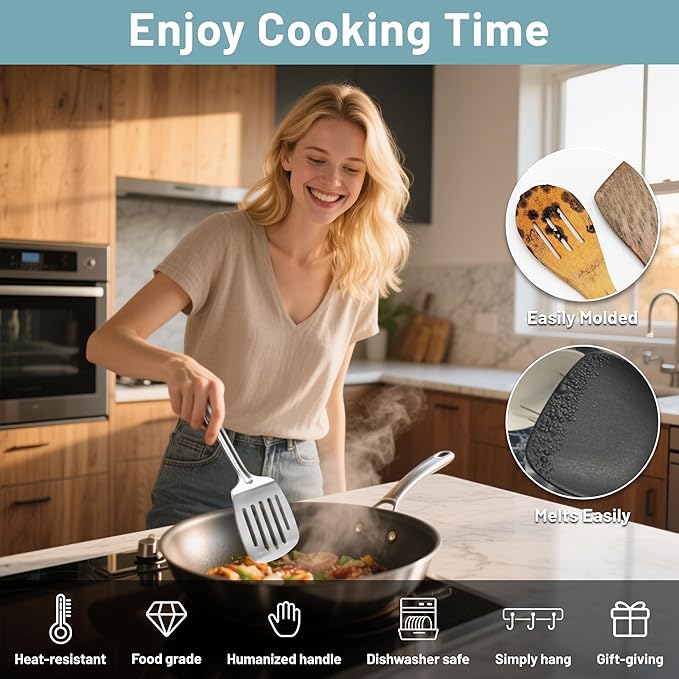 Pleafind Stainless Steel Cooking Utensils Set, 13 Pcs Heat Resistant Kitchen Utensils Set, Nonstick Kitchen Tools Set With Utensil Holder, Metal Spatula Set for Chef, Dishwasher Safe