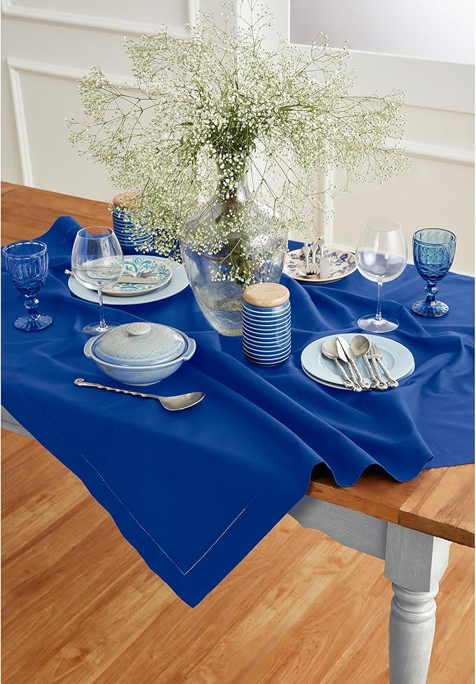 Solino Home Blue Cotton Linen Tablecloth 52 x 52 Inch - Hemstitch Square Table Throw - Machine Washable Tablecloth for Winter