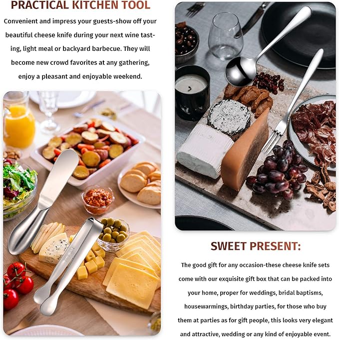 14 Pieces Charcuterie Board Accessories Cheese Spreader Knives Set Stainless Steel Charcuterie Utensils Spreader Knives Mini Serving Tongs Spoons and Forks for Cheese and Pastry Making(Silver)