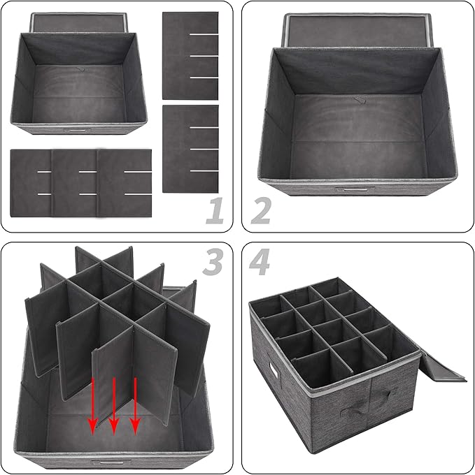 Stemware Storage Cases, Wine Glass Storage Box Containers for Glassware or Crystal, Holds 12 Red or White Wine Glasses, Hard Top and Sides (Grey)