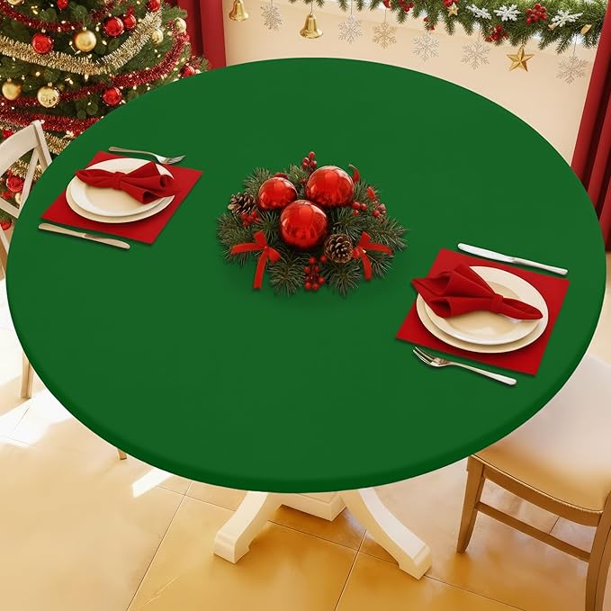 Round Spandex Tablecloth, Elastic Fitted Waterproof Tablecloths for 57"-68" Tables, Stretch Washable Picnic Table Cover for Camping, Dining, Indoor and Outdoor, Emerald Green