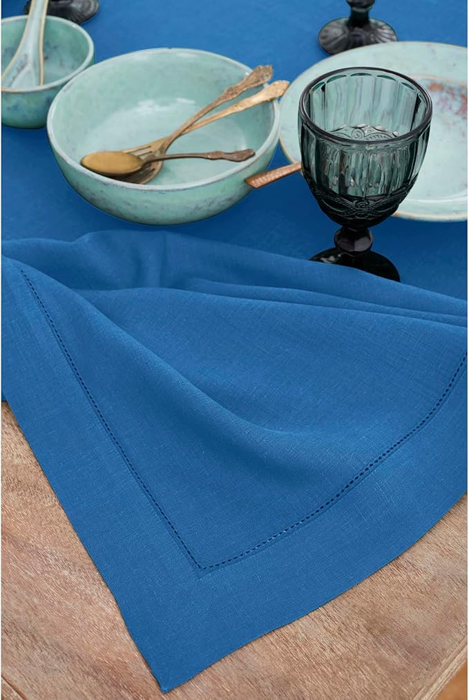 Solino Home Linen Indigo Blue Tablecloth 60 x 144 Inch - Classic Hemstitch, 100% Pure Linen Rectangular Tablecloth - Machine Washable Table Cloth for Winter