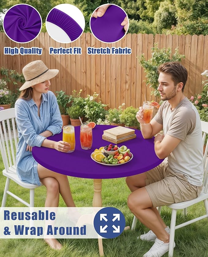 Round Spandex Tablecloth, Elastic Fitted Waterproof Tablecloths for 45"-56" Tables, Stretch Washable Picnic Table Cover for Camping, Dining, Indoor and Outdoor, Purple