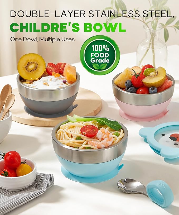 Suction Bowl and Spoon Set for Babies and Toddlers Non-Slip Silicone Suction Cups, Advanced 304 Stainless Steel Bowls, Double-Layer Insulation, and BPA-Free Lids Food-Grade Safety